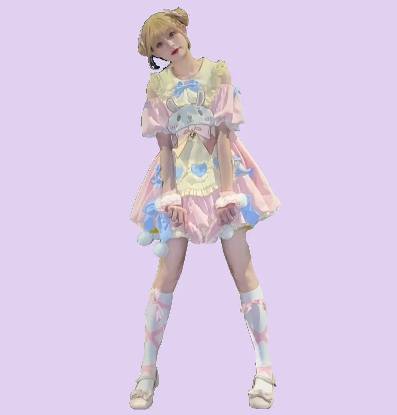 Cute Pink Cartoon Bunny Embroidered Lolita Dress