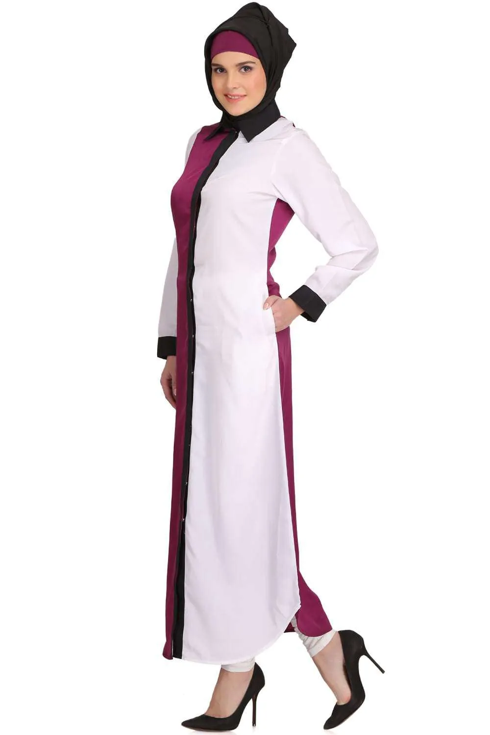 Daliya White & Wine Crepe Short Abaya