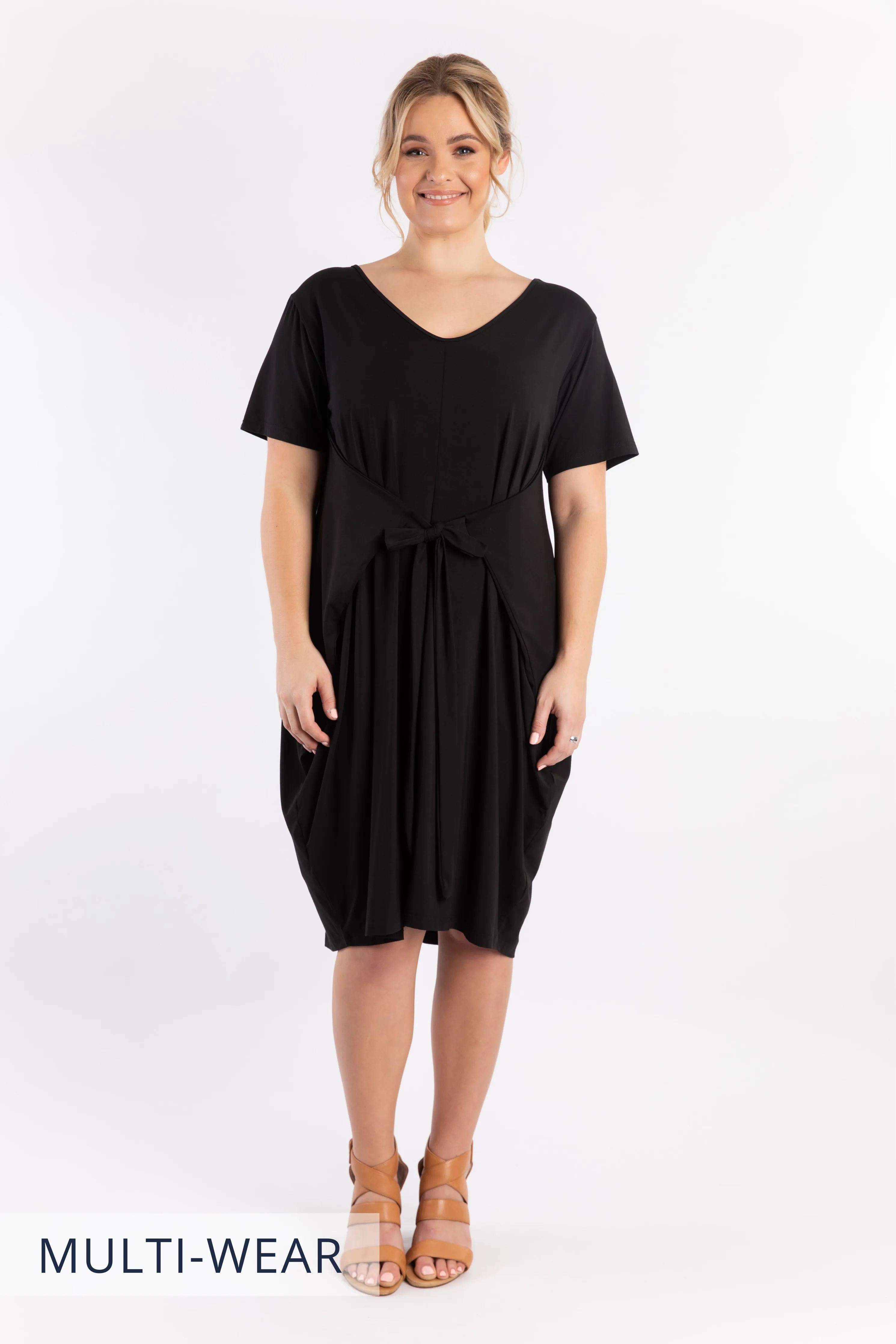 FINAL SALE Short Sleeve Tidal Midi Dress in Black