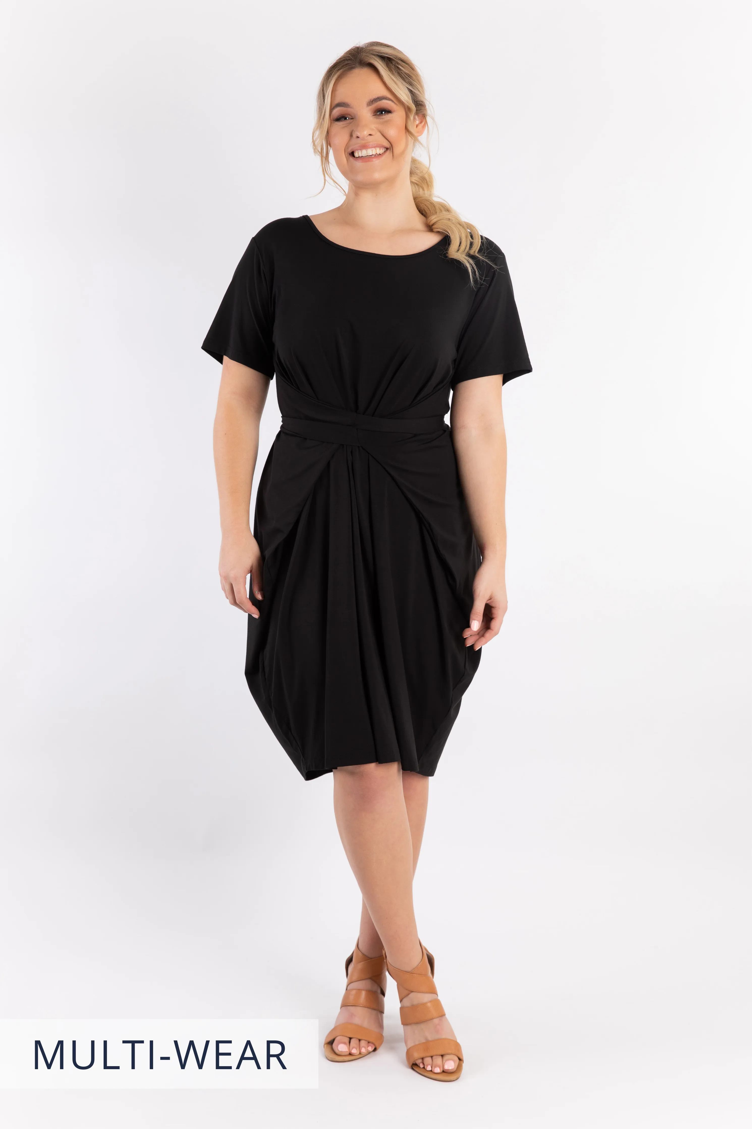 FINAL SALE Short Sleeve Tidal Midi Dress in Black