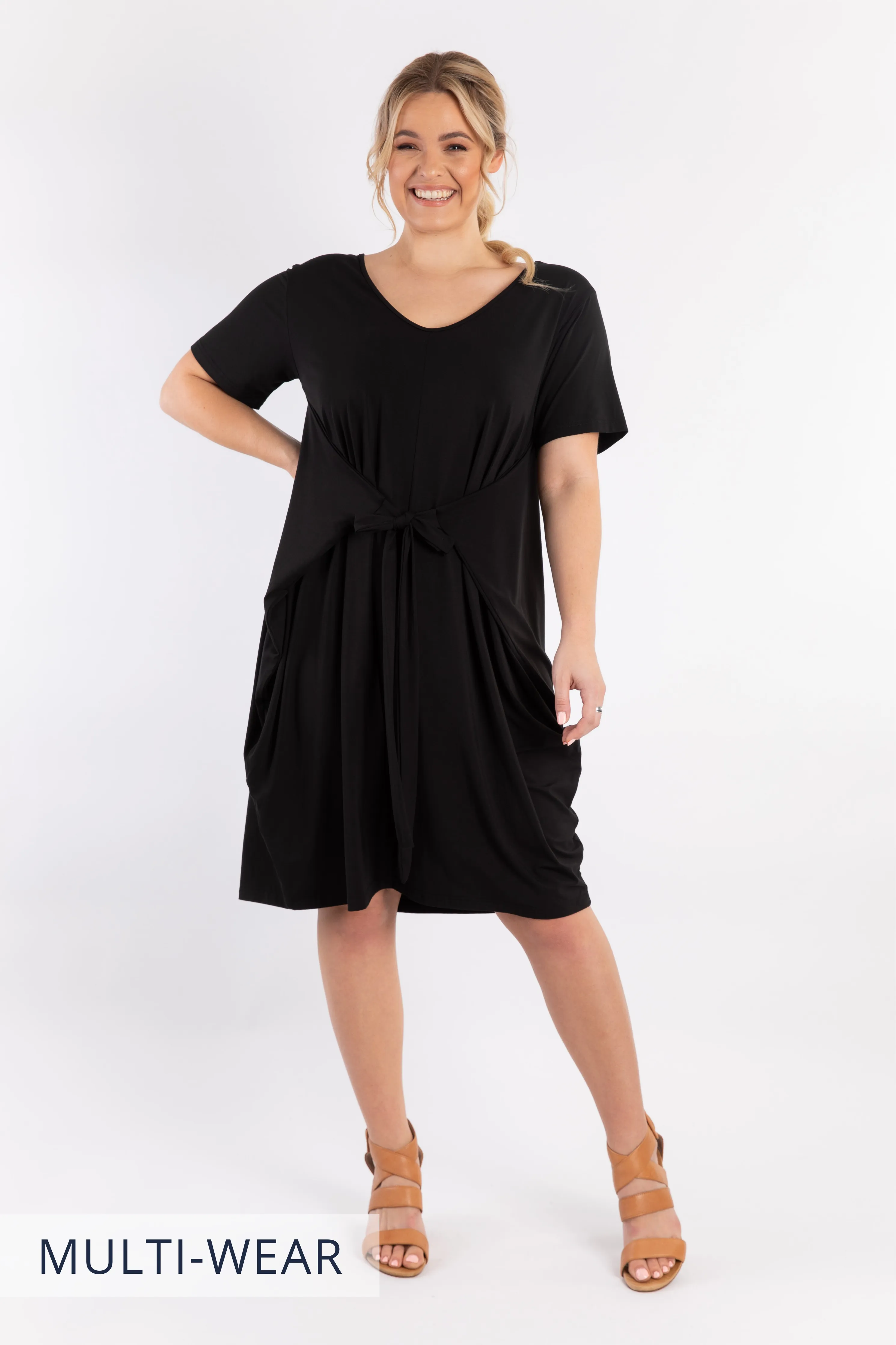 FINAL SALE Short Sleeve Tidal Midi Dress in Black