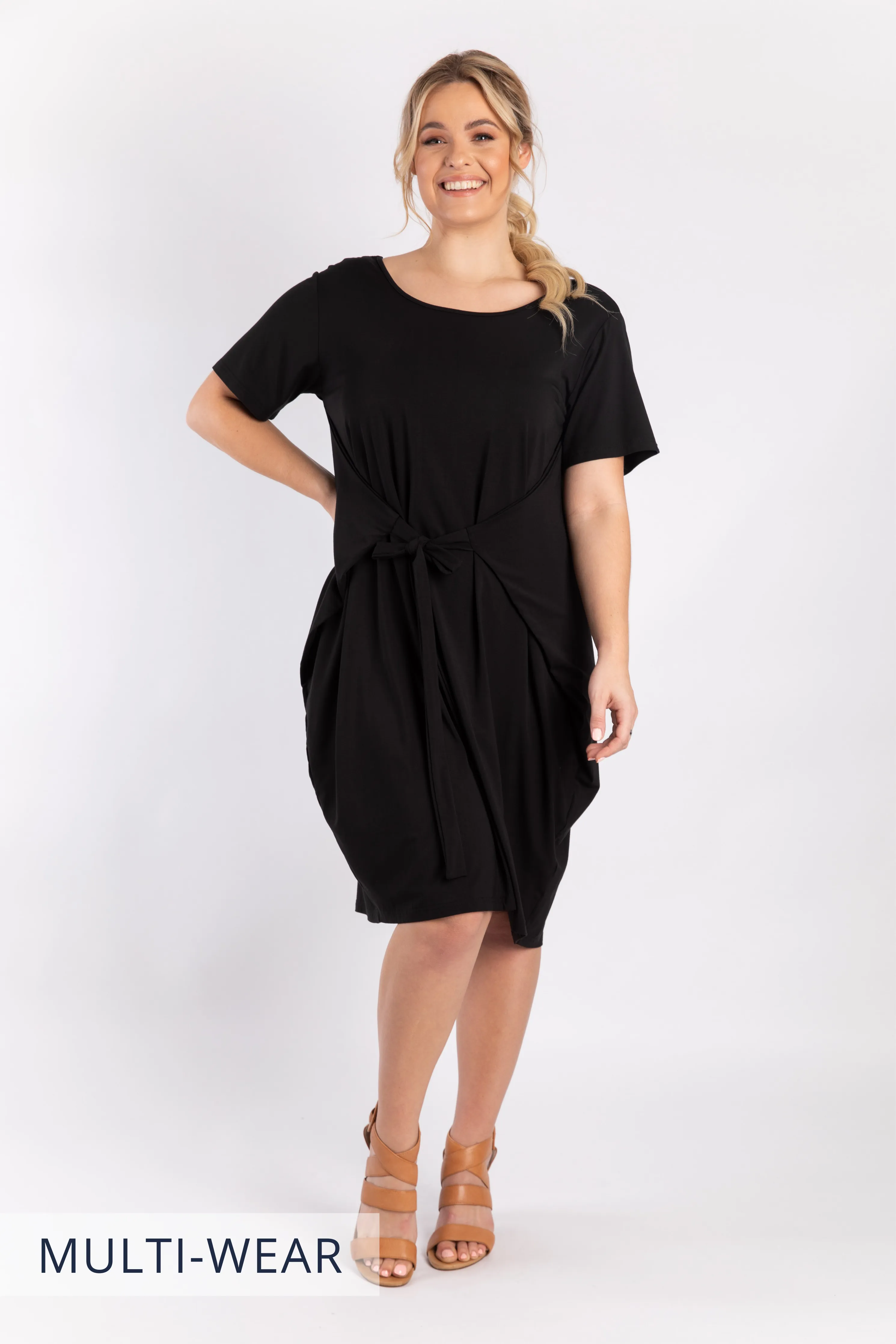 FINAL SALE Short Sleeve Tidal Midi Dress in Black