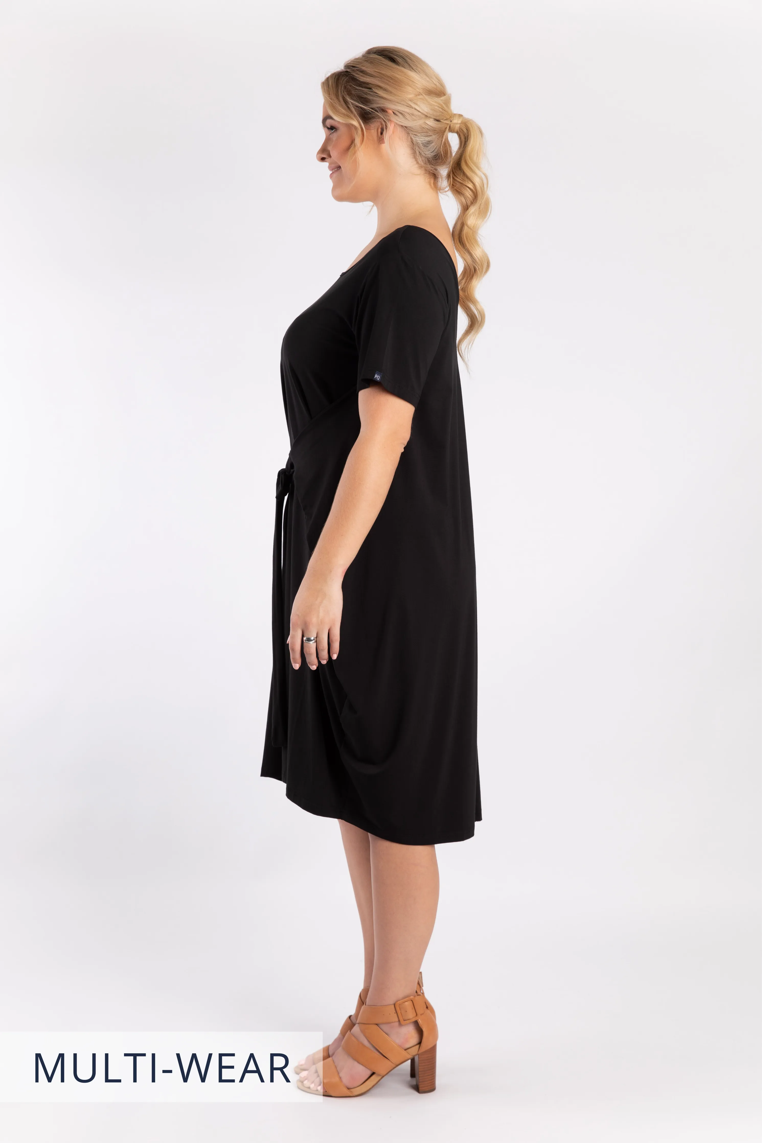 FINAL SALE Short Sleeve Tidal Midi Dress in Black