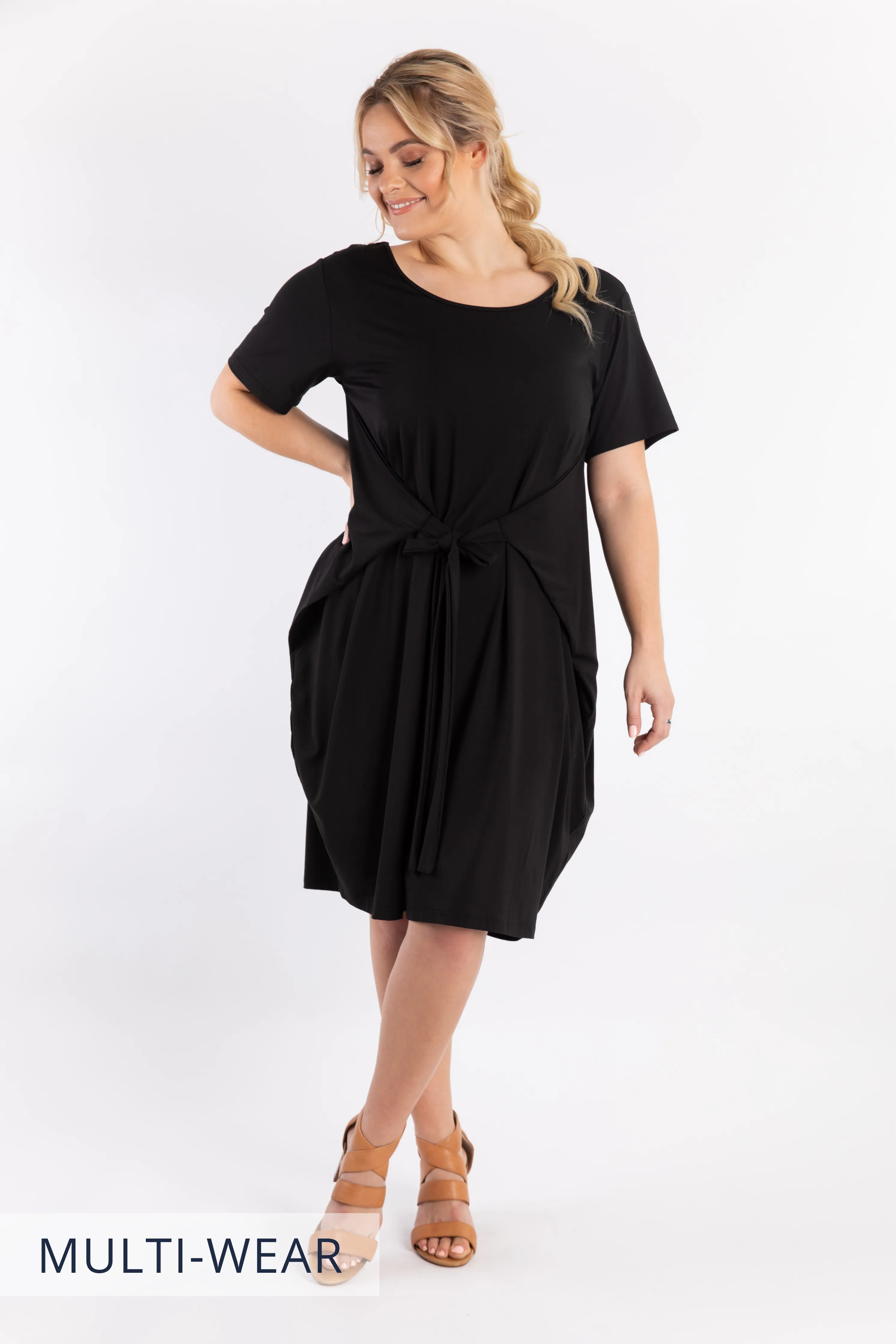 FINAL SALE Short Sleeve Tidal Midi Dress in Black