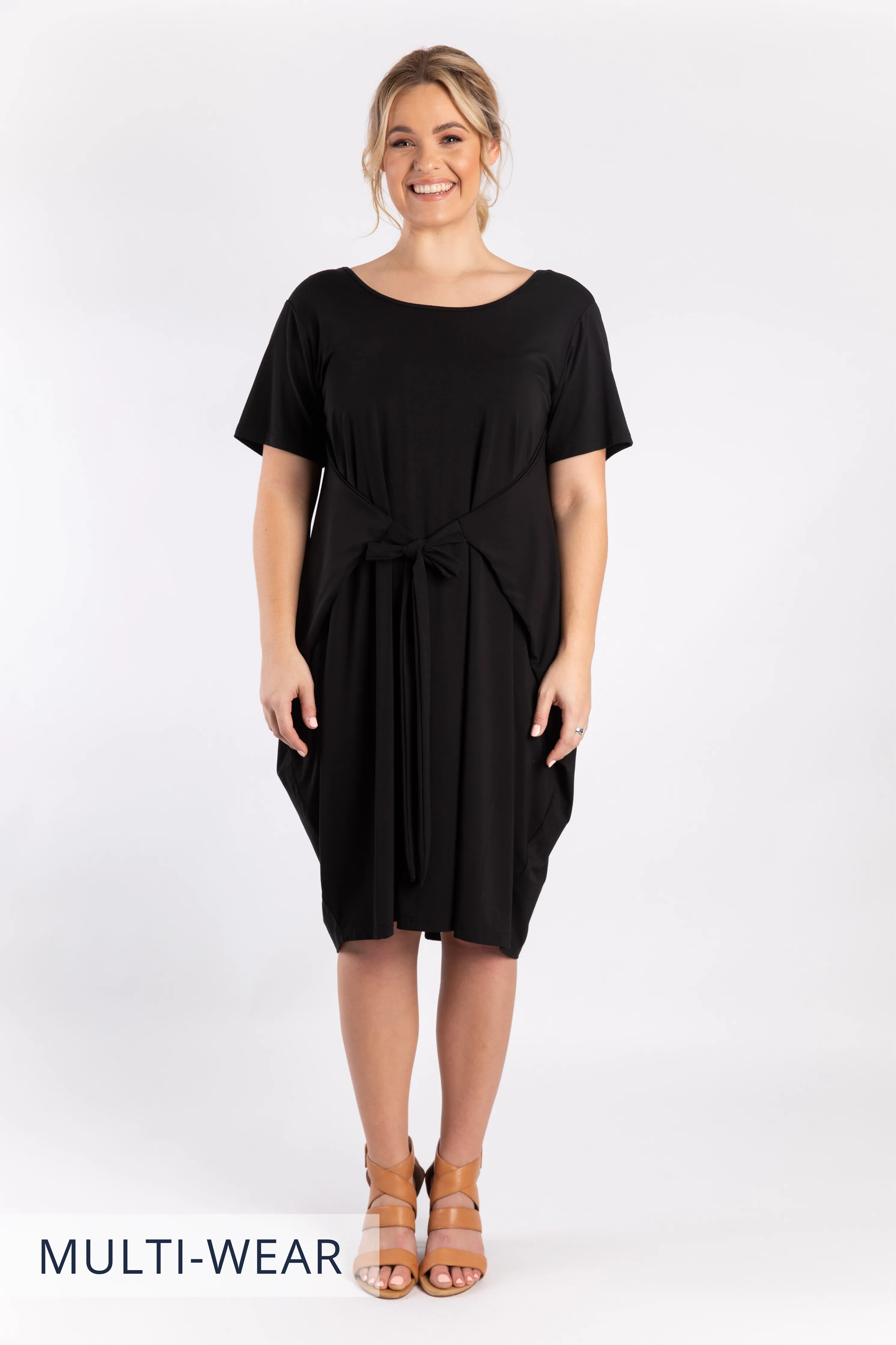 FINAL SALE Short Sleeve Tidal Midi Dress in Black