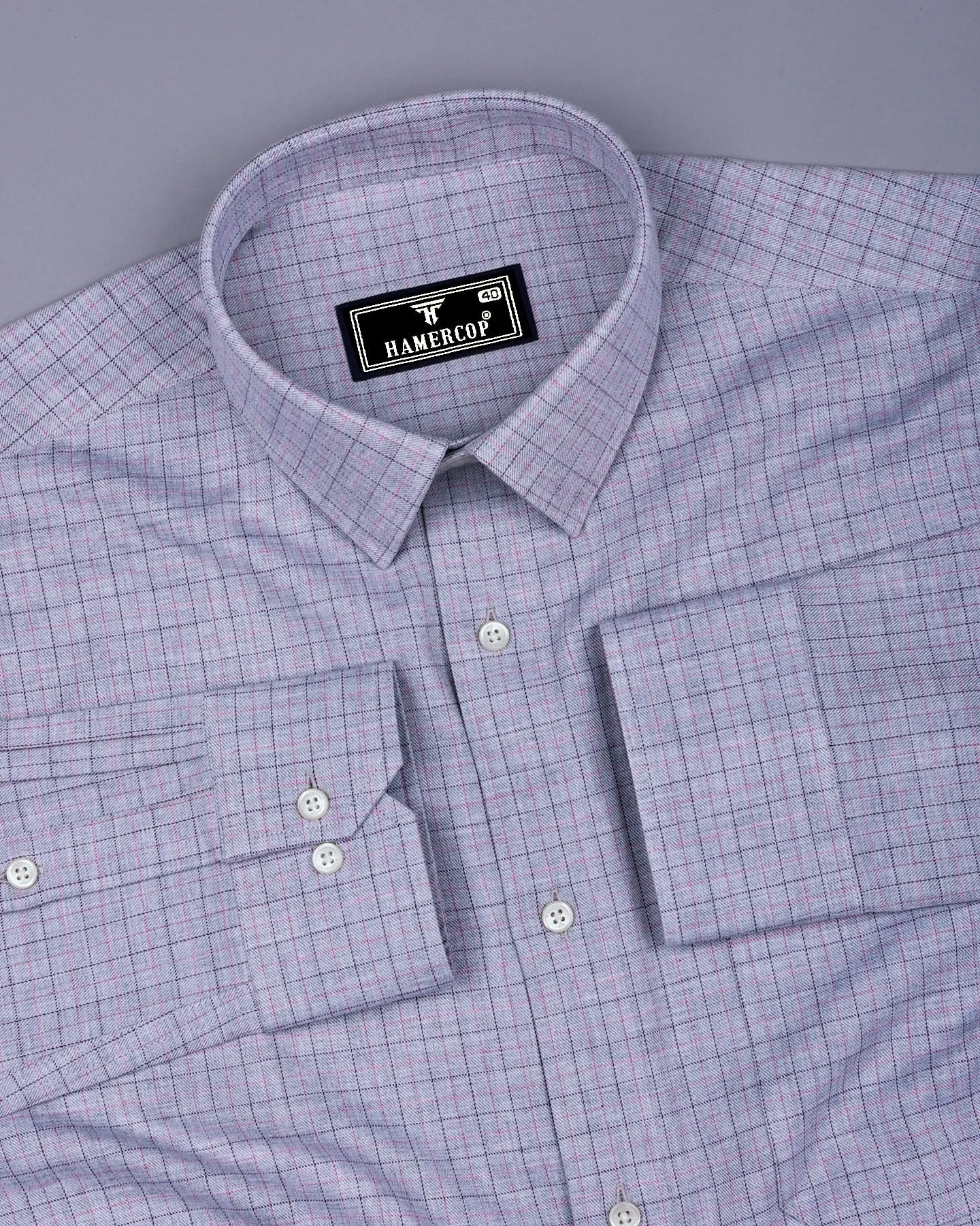 Gray Melange With Purple Plaid Flannel Check Cotton Shirt