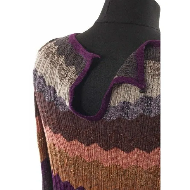 M Missoni Brown Pink Grey Wine Plum Chevron Print Sweater Mid Length Short Casual Dress