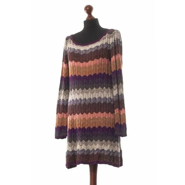 M Missoni Brown Pink Grey Wine Plum Chevron Print Sweater Mid Length Short Casual Dress