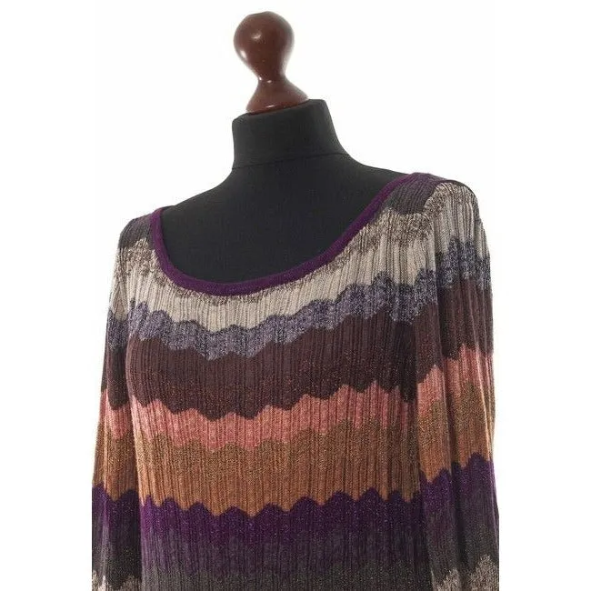 M Missoni Brown Pink Grey Wine Plum Chevron Print Sweater Mid Length Short Casual Dress
