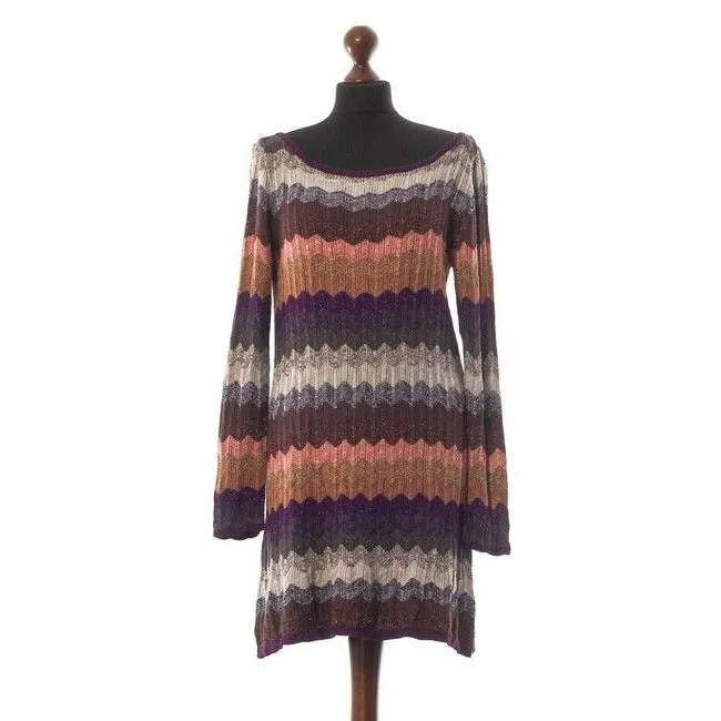M Missoni Brown Pink Grey Wine Plum Chevron Print Sweater Mid Length Short Casual Dress