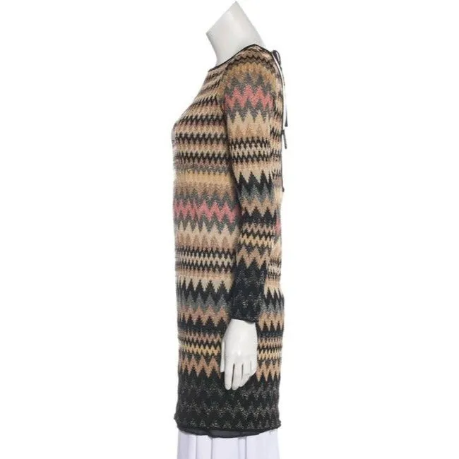 M Missoni Silver Black And W Metallic Chevron Print Sweater Mid Length Short Casual Dress