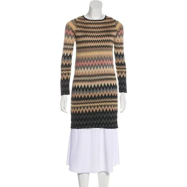 M Missoni Silver Black And W Metallic Chevron Print Sweater Mid Length Short Casual Dress