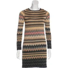 M Missoni Silver Black And W Metallic Chevron Print Sweater Mid Length Short Casual Dress