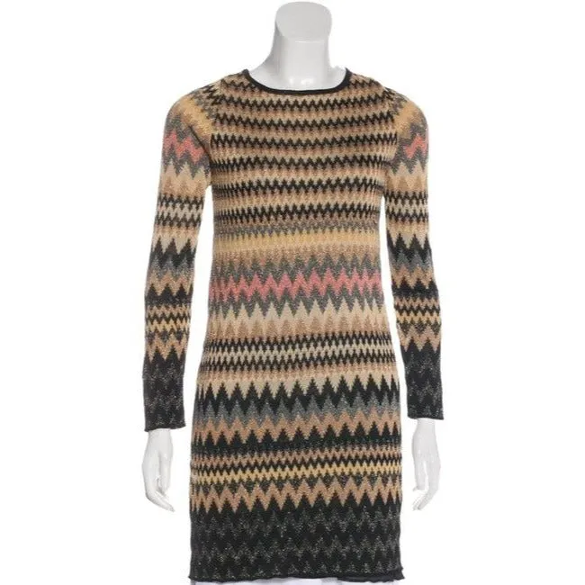 M Missoni Silver Black And W Metallic Chevron Print Sweater Mid Length Short Casual Dress