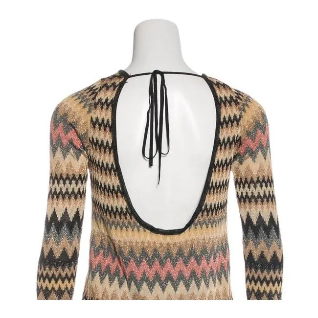 M Missoni Silver Black And W Metallic Chevron Print Sweater Mid Length Short Casual Dress