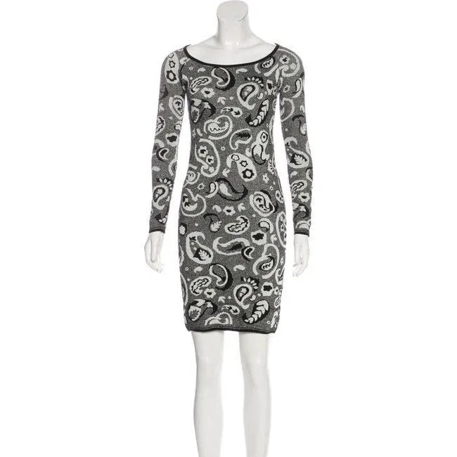 M Missoni Silver Black And White Paisley Intarsia Motif Metallic Print Sweater Mid Length Short Dress