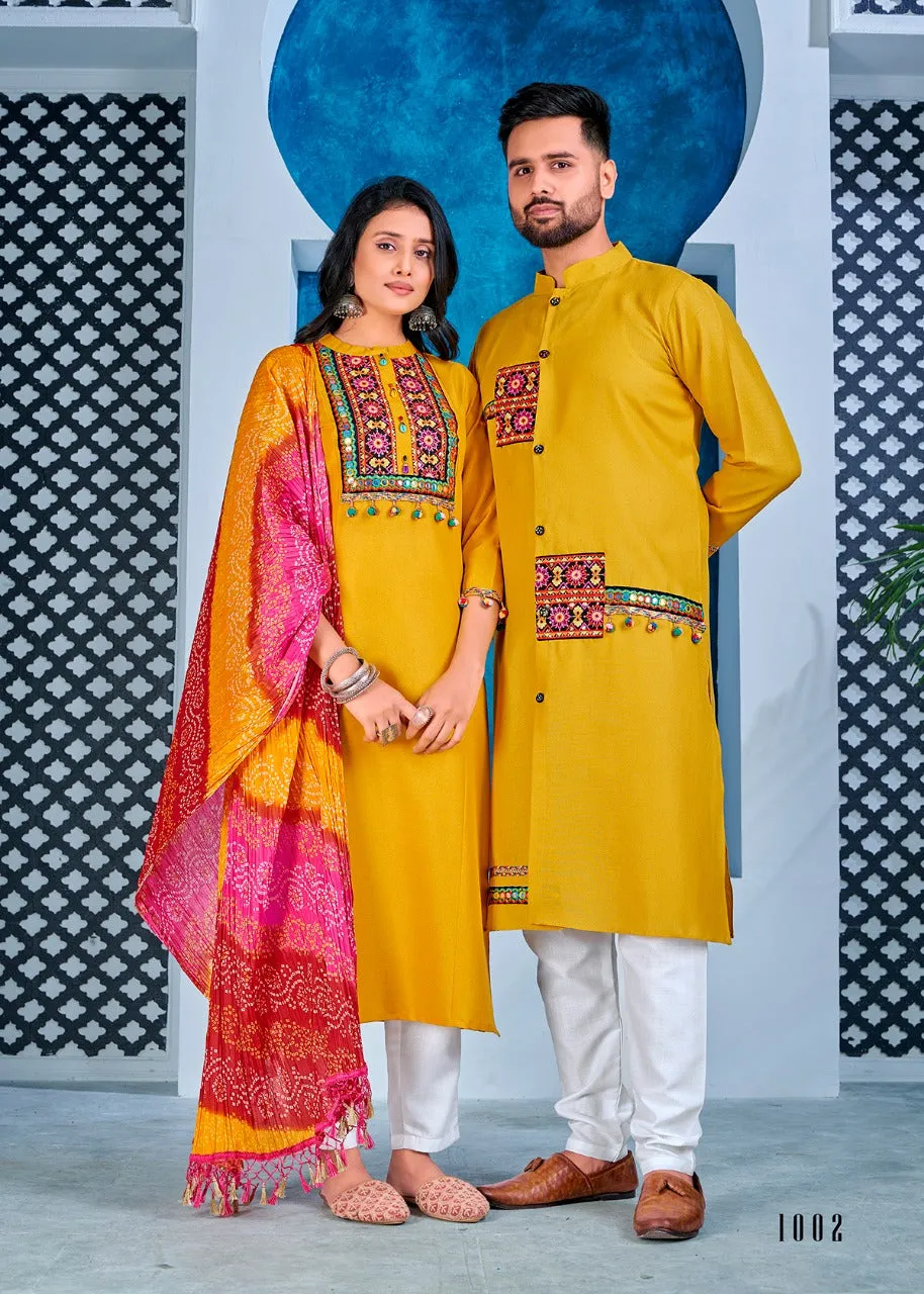 Navratri Special Couple combo of Kurta with Pajama & Kurti with Pants & Dupatta Dress