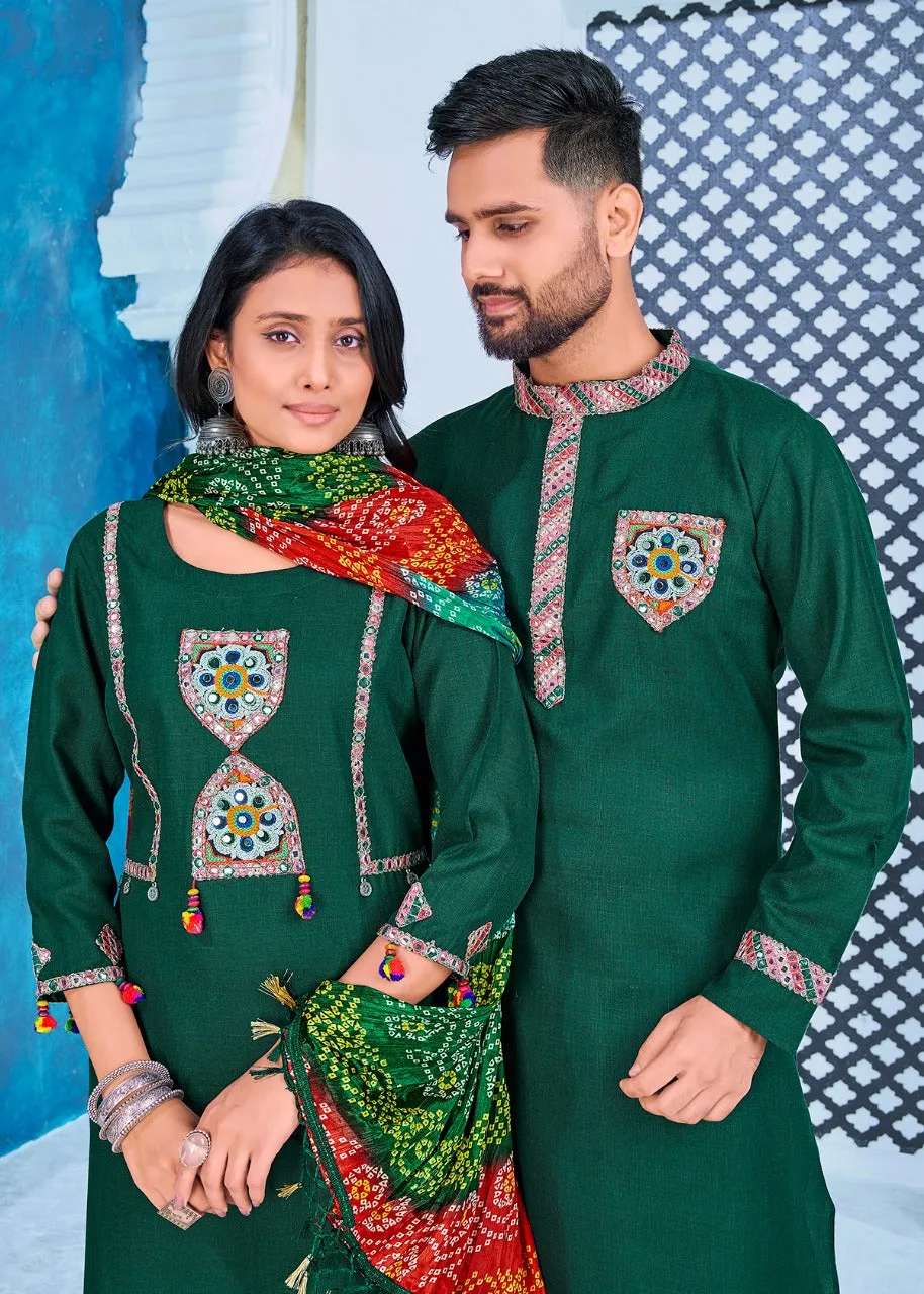 Navratri Special Couple combo of Kurta with Pajama & Kurti with Pants & Dupatta Dress