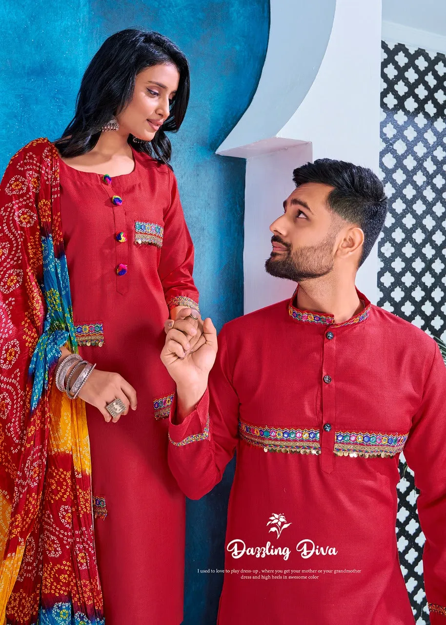 Navratri Special Couple combo of Kurta with Pajama & Kurti with Pants & Dupatta Dress