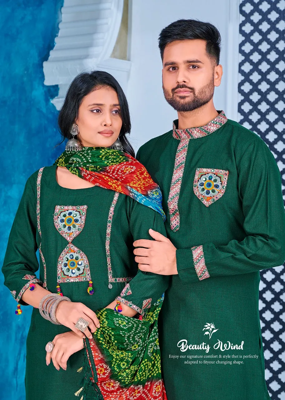 Navratri Special Couple combo of Kurta with Pajama & Kurti with Pants & Dupatta Dress