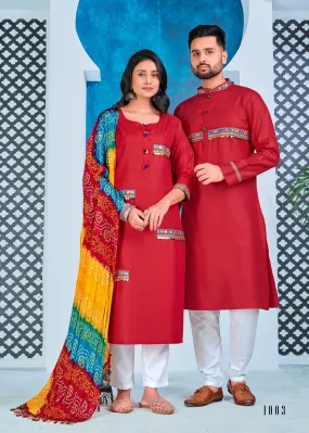 Navratri Special Couple combo of Kurta with Pajama & Kurti with Pants & Dupatta Dress