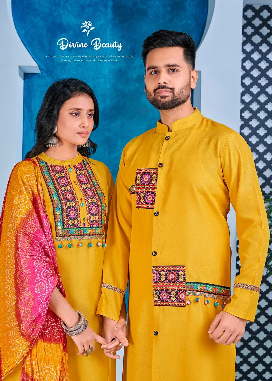 Navratri Special Couple combo of Kurta with Pajama & Kurti with Pants & Dupatta Dress