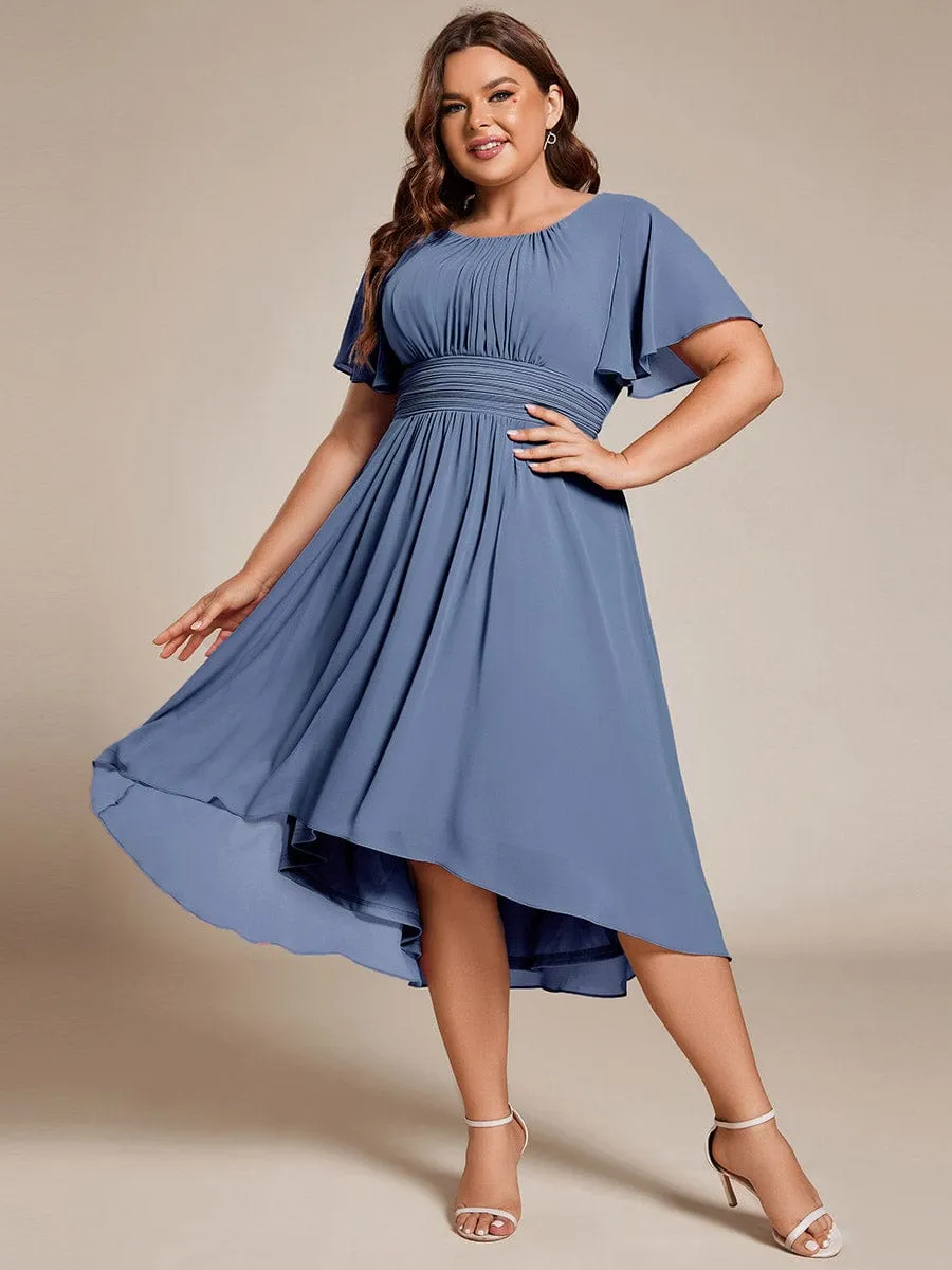 Plus Size Pleated Round Neckline A-Line Midi Chiffon Wedding Guest Dress