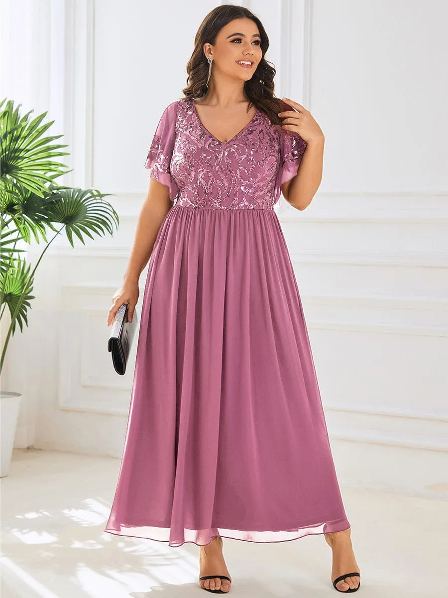 Plus Size V-Neck Short Sleeve Sequin Bodice Mother of the Bride Dress