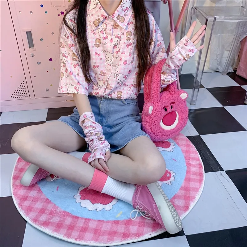 Retro Pink Kitty Cat Printing Short-Sleeved Shirt