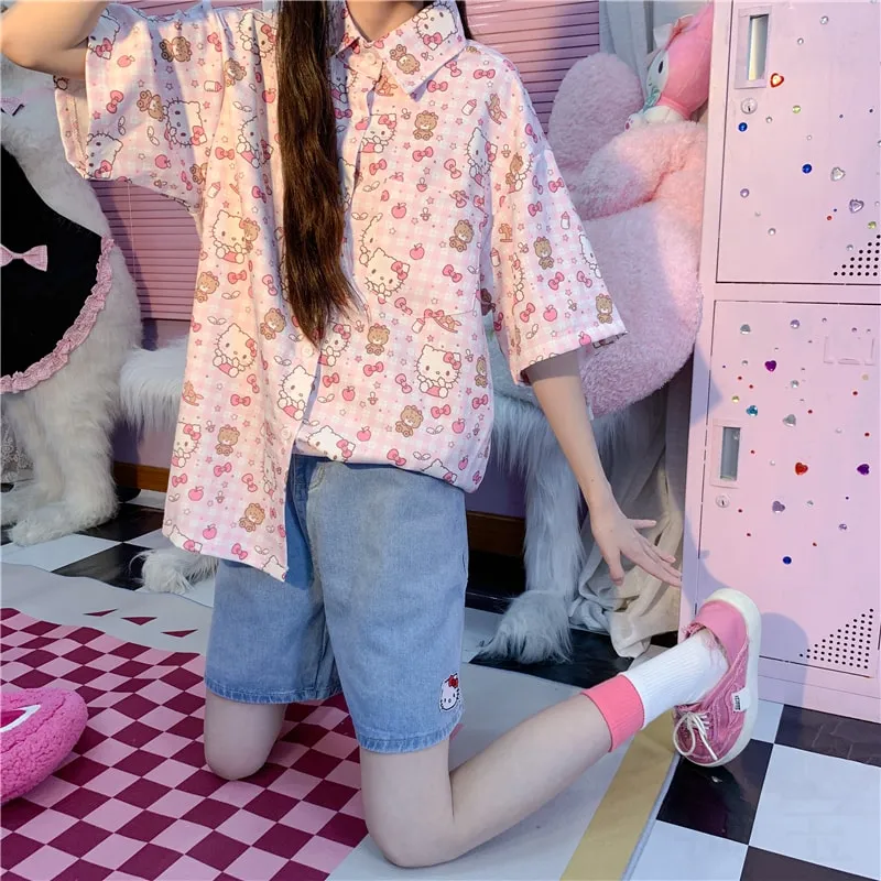 Retro Pink Kitty Cat Printing Short-Sleeved Shirt