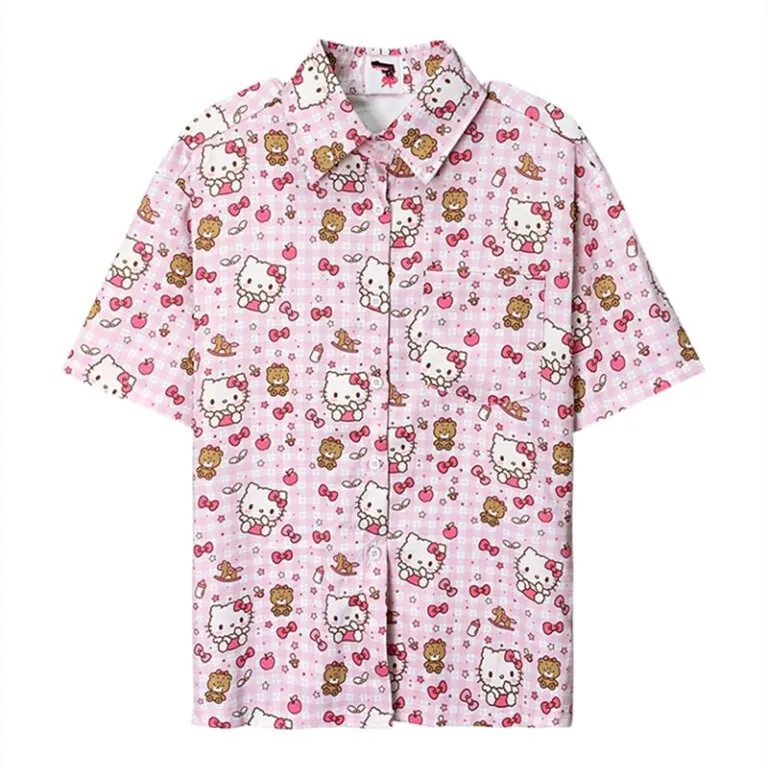 Retro Pink Kitty Cat Printing Short-Sleeved Shirt