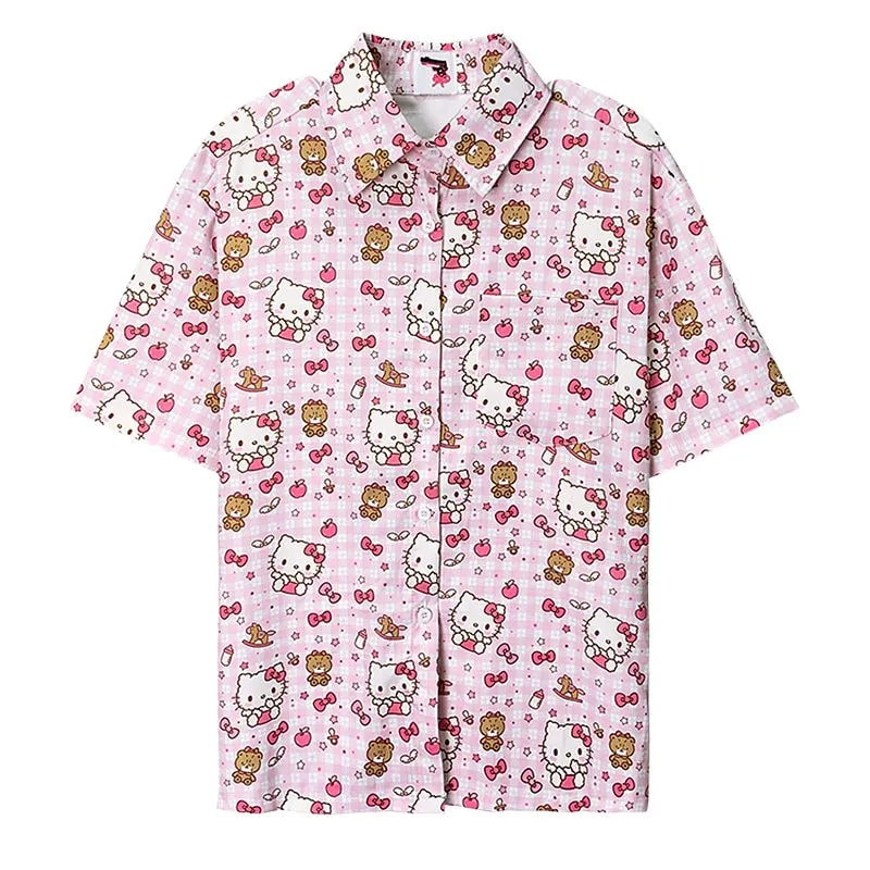 Retro Pink Kitty Cat Printing Short-Sleeved Shirt