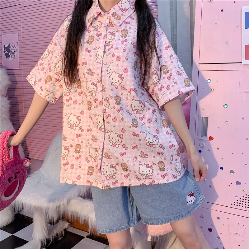 Retro Pink Kitty Cat Printing Short-Sleeved Shirt