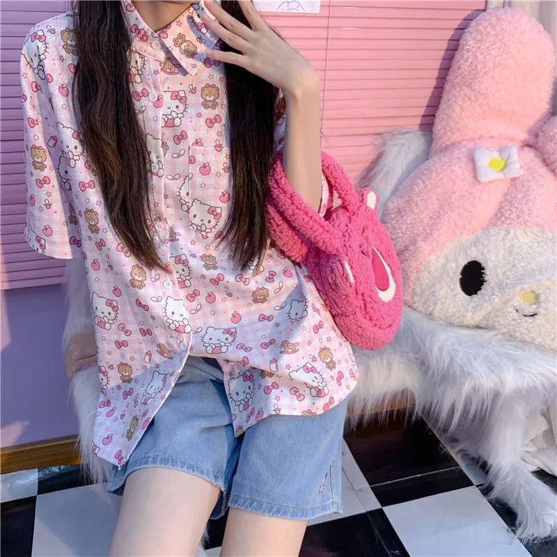 Retro Pink Kitty Cat Printing Short-Sleeved Shirt