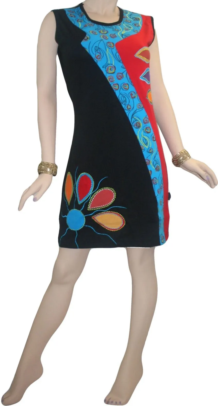 Rib Patch Razor Cut Printed Knit Cotton Boho Mid Length Dress