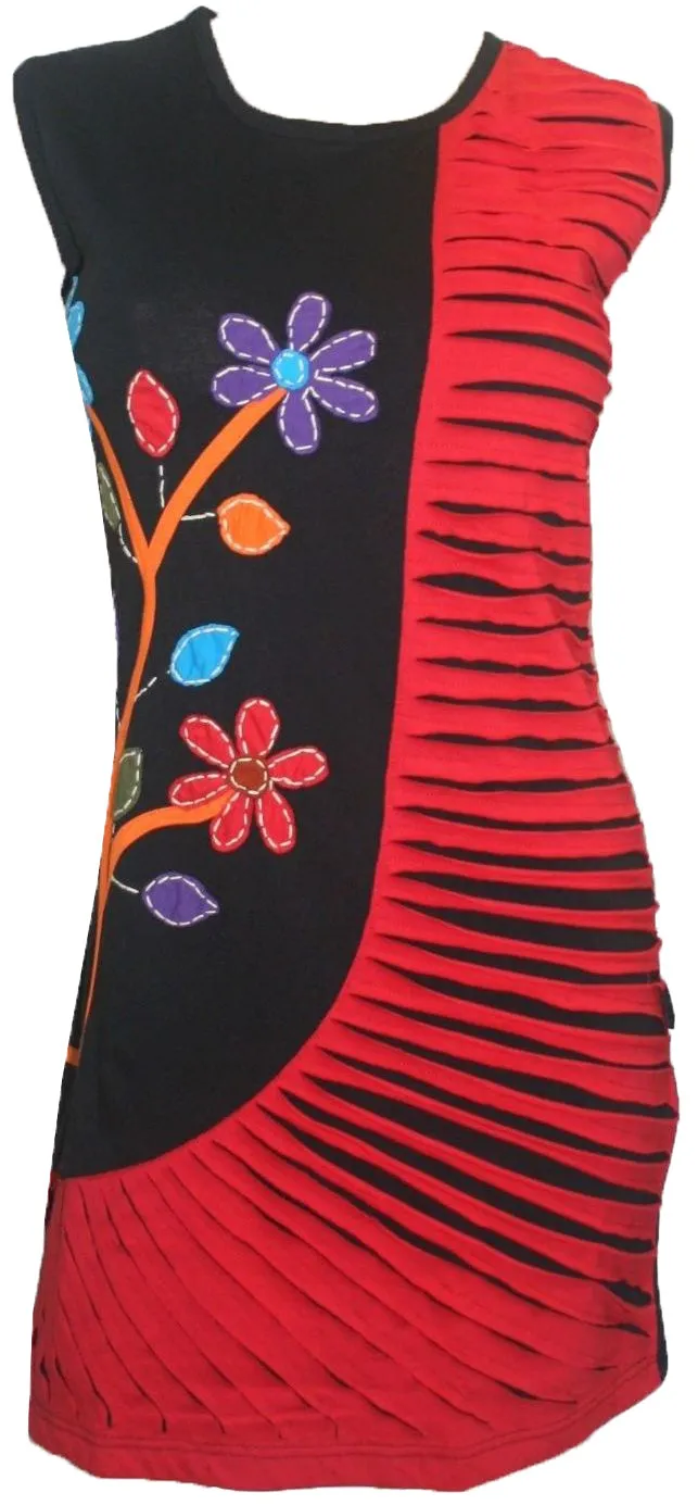 Rib Patch Razor Cut Printed Knit Cotton Boho Mid Length Dress