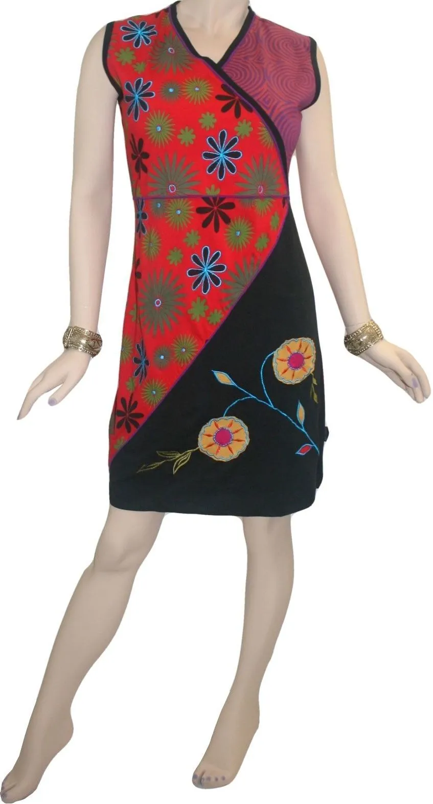 Rib Patch Razor Cut Printed Knit Cotton Boho Mid Length Dress