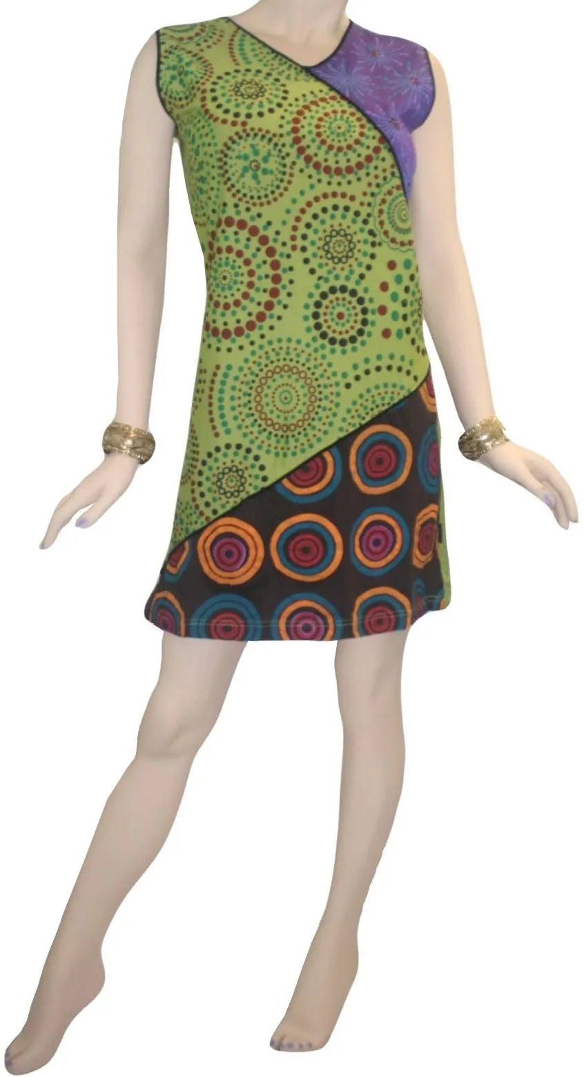 Rib Patch Razor Cut Printed Knit Cotton Boho Mid Length Dress