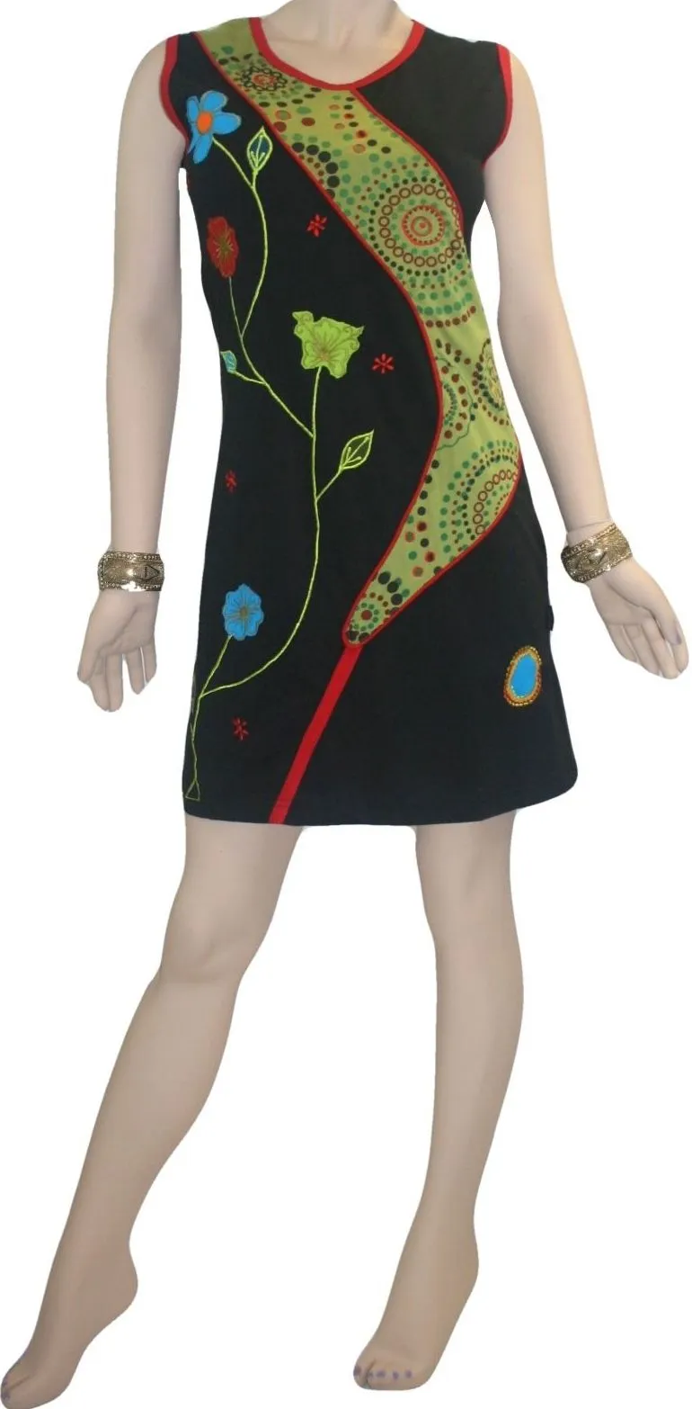Rib Patch Razor Cut Printed Knit Cotton Boho Mid Length Dress
