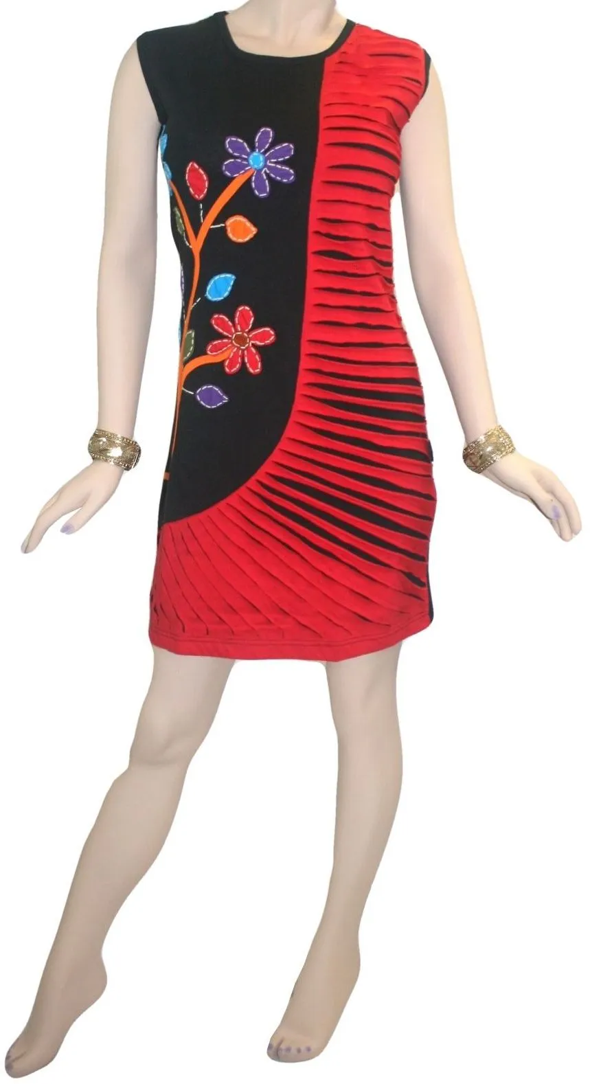 Rib Patch Razor Cut Printed Knit Cotton Boho Mid Length Dress