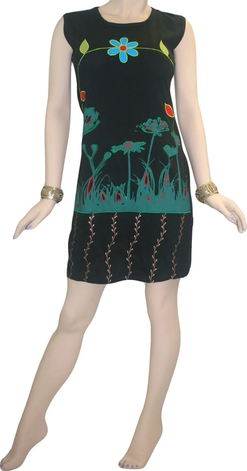 Rib Patch Razor Cut Printed Knit Cotton Boho Mid Length Dress