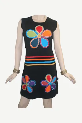 Rib Patch Razor Cut Printed Knit Cotton Boho Mid Length Dress