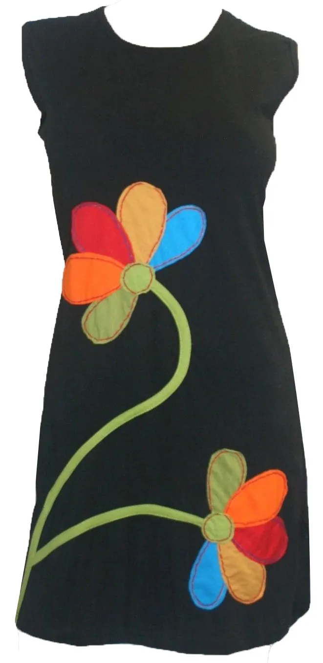 Rib Patch Razor Cut Printed Knit Cotton Boho Mid Length Dress