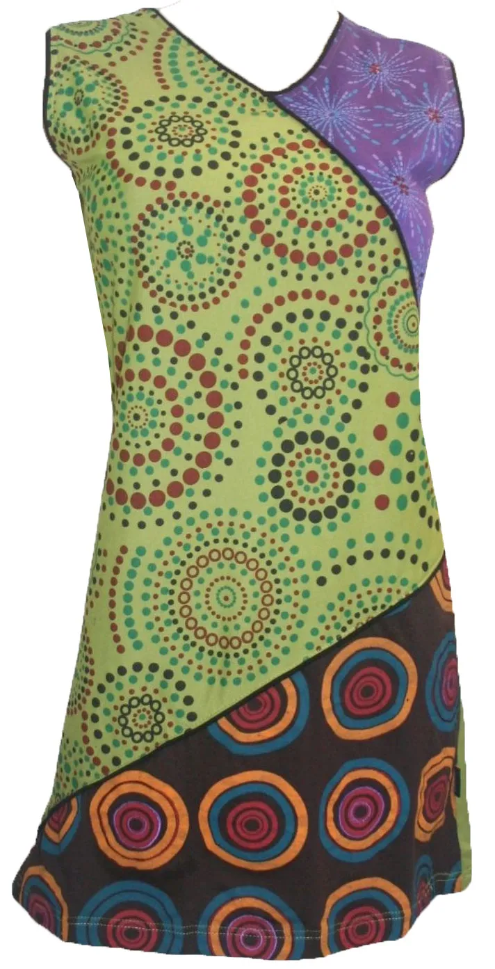 Rib Patch Razor Cut Printed Knit Cotton Boho Mid Length Dress