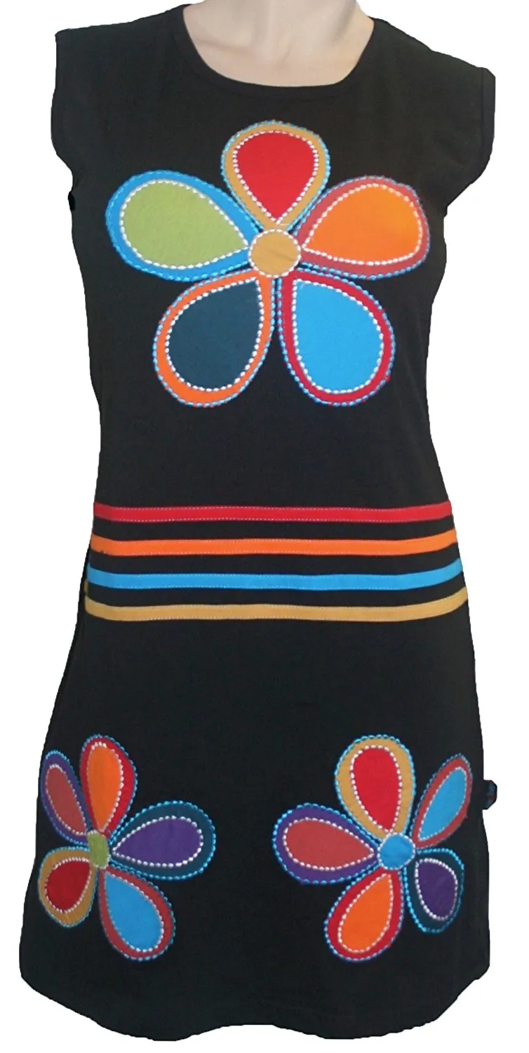 Rib Patch Razor Cut Printed Knit Cotton Boho Mid Length Dress