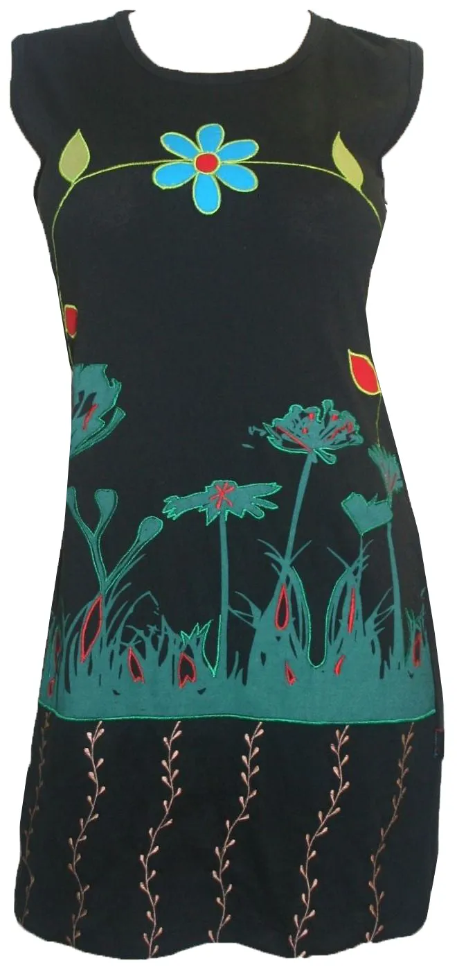 Rib Patch Razor Cut Printed Knit Cotton Boho Mid Length Dress