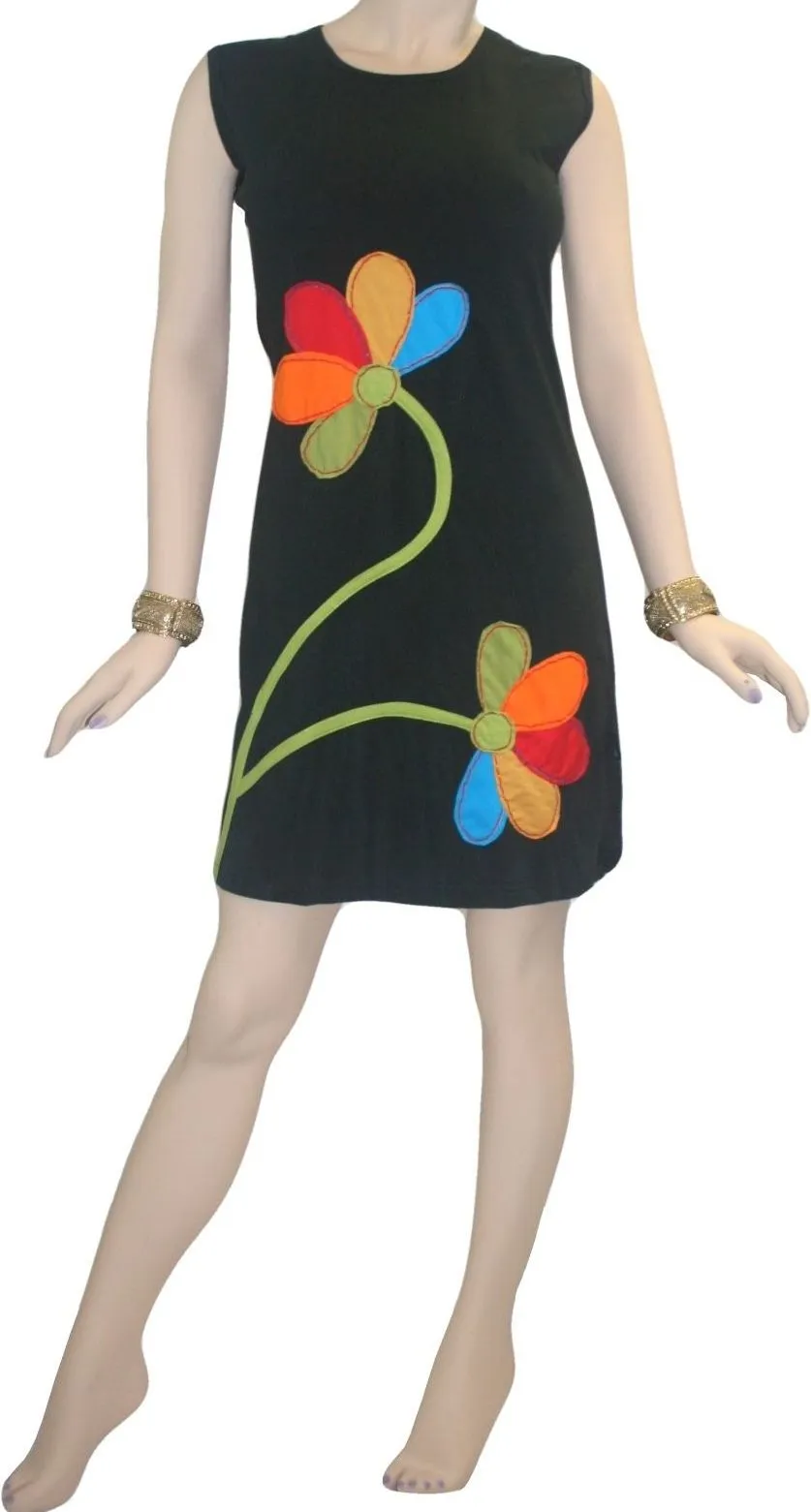 Rib Patch Razor Cut Printed Knit Cotton Boho Mid Length Dress