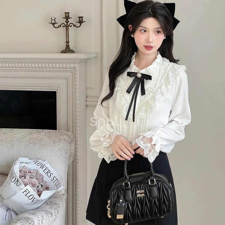 Sweet French White Lace Long-Sleeved Blouse