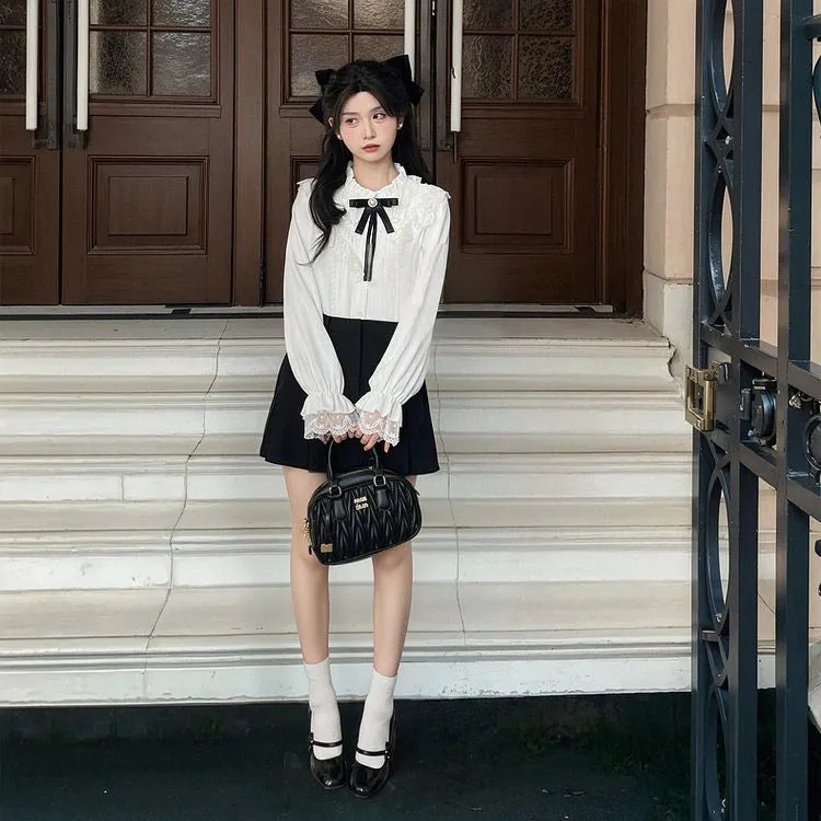 Sweet French White Lace Long-Sleeved Blouse