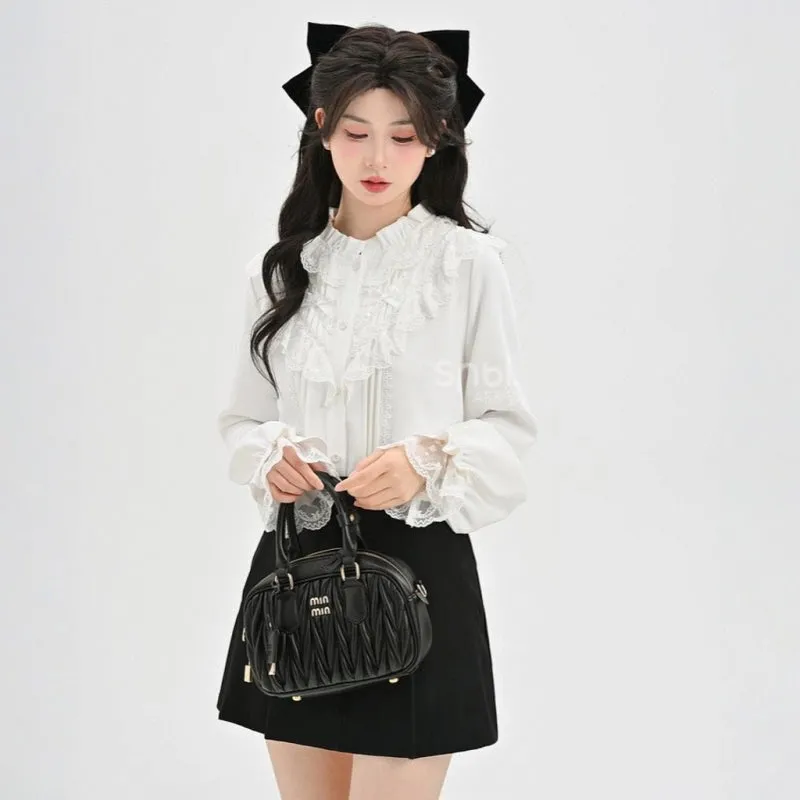 Sweet French White Lace Long-Sleeved Blouse